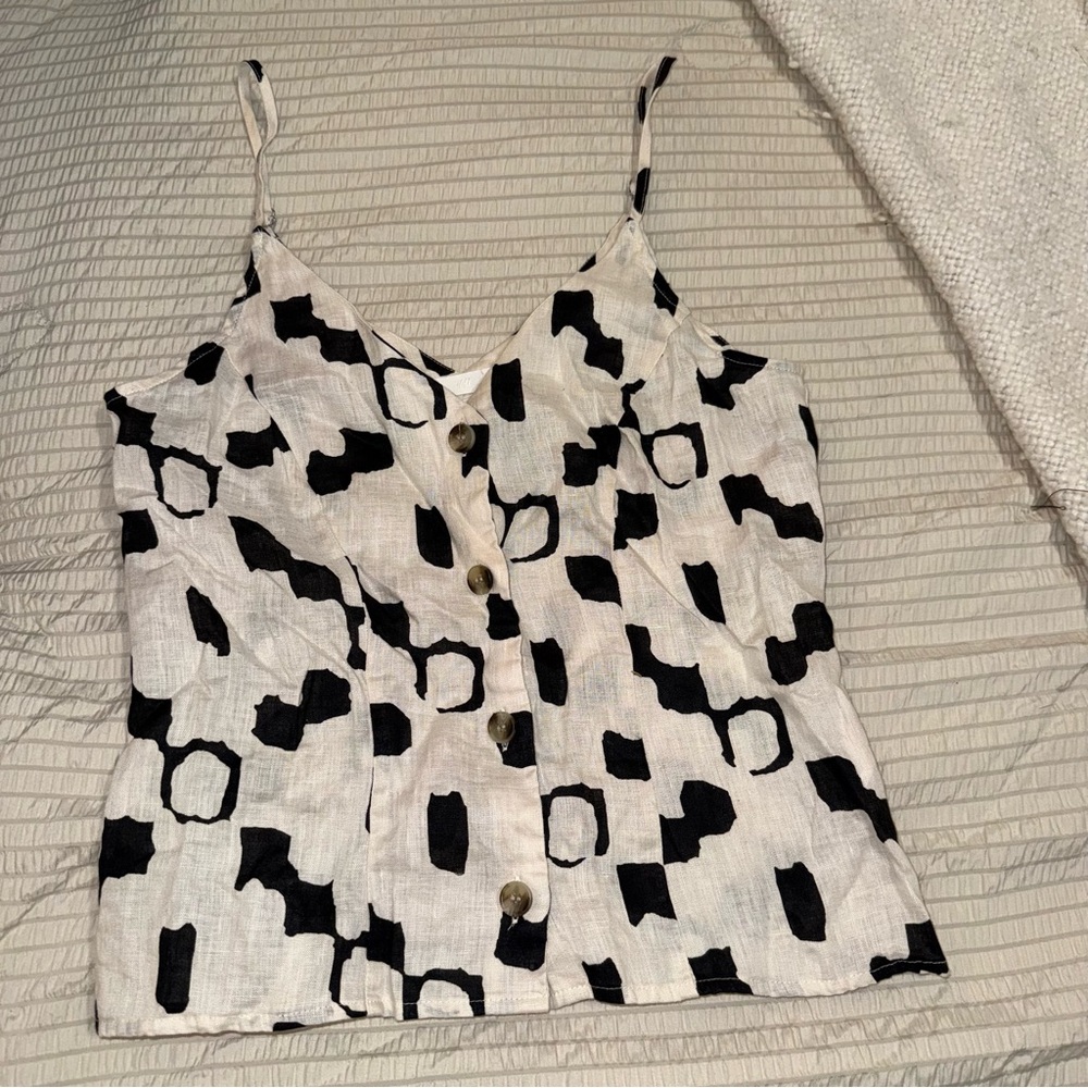 Cream H&M Linen Geometric Print Button Front Tank xsmall